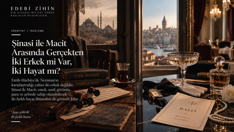 Şinasi ile Macit’in temsil ettiği iki farklı hayatı; Türk musikisi, notalar ve sade eşyalarla balo davetiyesi, parfüm, saat ve gösterişli objeler üzerinden karşılaştıran Edebi Zihin hero görseli.