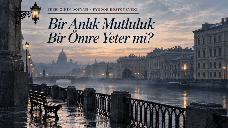 Yağmurdan sonra boş Petersburg kanal kıyısı ve bank; Beyaz Geceler’de kısa mutluluğun hatıraya dönüşmesini çağrıştıran final görseli.