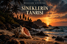 William Golding'in Sineklerin Tanrısı için ada, çocuklar ve deniz kabuğu içeren özgün Edebizihin illüstrasyonu