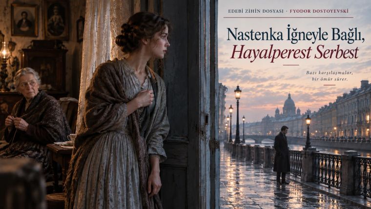 Nastenka’nın iç mekândaki fiziksel sınırı ile dışarıdaki Hayalperest’in görünmez sınırını karşılaştıran Beyaz Geceler editoryal görseli.