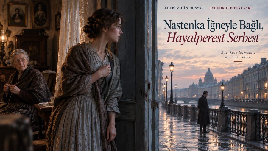 Nastenka’nın iç mekândaki fiziksel sınırı ile dışarıdaki Hayalperest’in görünmez sınırını karşılaştıran Beyaz Geceler editoryal görseli.