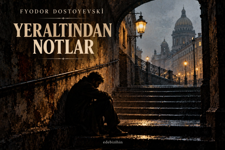 Fyodor Dostoyevski'nin Yeraltından Notlar kitabı için karanlık merdivenlerde yalnız oturan figür illüstrasyonu