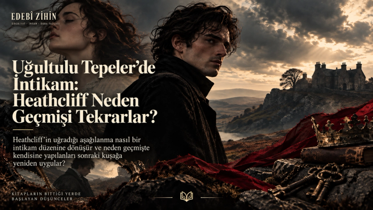 Uğultulu Tepeler’de intikam yazısının Edebî Zihin hero görseli; Heathcliff, Yorkshire bozkırı, uzak malikâne, kırık ayna, taç ve anahtarlarla geçmişte yaşananların güç ve intikam yoluyla yeniden üretilmesini simgeliyor.