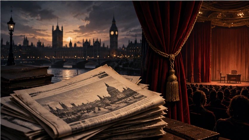 1920'ler Londra silueti, gazeteler ve tiyatro sahnesi; romanın yayın ve uyarlama tarihi