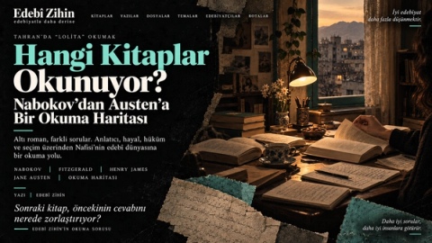 Tahran manzaralı bir pencere önünde açık kitaplar, notlar ve okuma lambası bulunan masa kolajı. “Hangi Kitaplar Okunuyor?” başlığı yer alıyor.