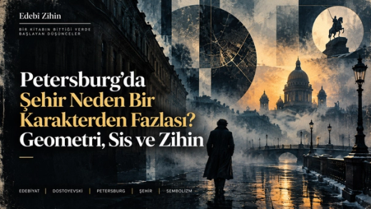 Sisli Petersburg sokaklarında yürüyen yalnız bir figür, geometrik şehir planı, dairesel formlar ve anıtsal mimari; kentin romanda zihni biçimlendiren baskın bir varlık oluşunu simgeleyen Edebî Zihin illüstrasyonu.