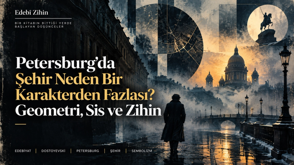 Sisli Petersburg sokaklarında yürüyen yalnız bir figür, geometrik şehir planı, dairesel formlar ve anıtsal mimari; kentin romanda zihni biçimlendiren baskın bir varlık oluşunu simgeleyen Edebî Zihin illüstrasyonu.