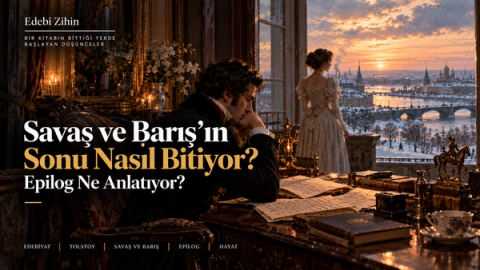 Savaş ve Barış’ın epilogunu simgeleyen; kışlık Rusya manzarasına bakan bir kadın, masa başında düşüncelere dalmış bir erkek, mektuplar, kitaplar ve savaş sonrası gündelik hayatı çağrıştıran Edebî Zihin illüstrasyonu.