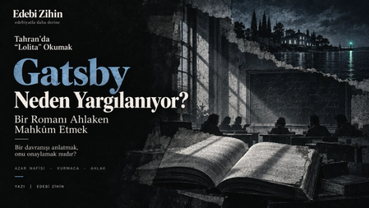 Mavi “Gatsby” başlığı ve krem tipografinin yanında açık kitap, sınıfta tartışan öğrenci siluetleri ve uzaktaki yeşil ışığı birleştiren koyu dokulu kolaj.