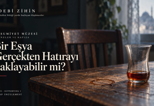 Pencere ışığı alan eski bir ahşap masada çay bardağı ve halka izi; arka planda boş bir sandalye.
