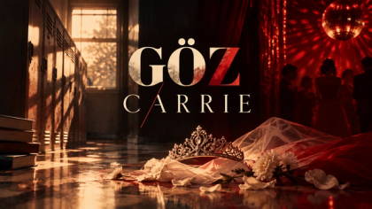 Göz / Carrie dosyası için hazırlanan Edebî Zihin görseli; lise koridoru, balo salonu, taç ve kırmızı ışıklarla Carrie White’ın yalnızlık, zorbalık ve güç temalarını yansıtıyor.