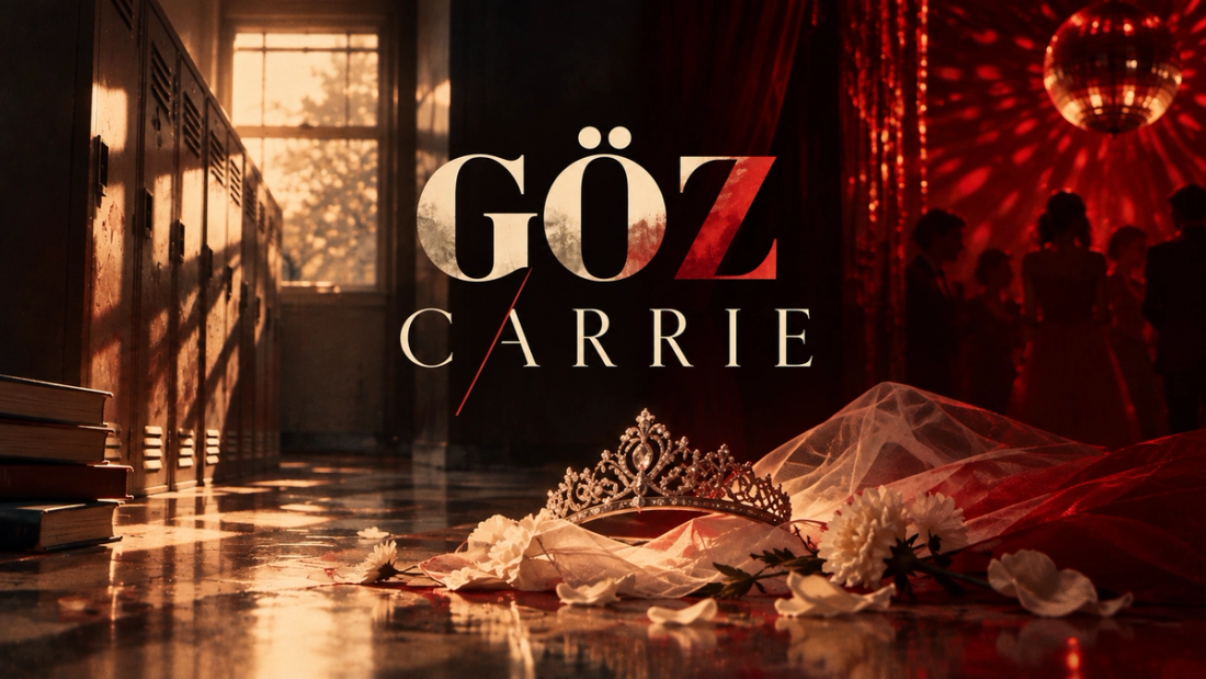 Göz / Carrie dosyası için hazırlanan Edebî Zihin görseli; lise koridoru, balo salonu, taç ve kırmızı ışıklarla Carrie White’ın yalnızlık, zorbalık ve güç temalarını yansıtıyor.
