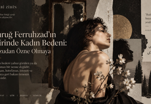 Kadın bedenini özneleşme, arzu ve kimlik üzerinden yorumlayan; aynalar, gölgeler ve editoryal tipografiyle kurgulanmış Edebî Zihin illüstrasyonu.