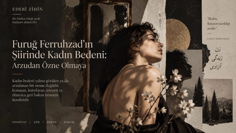 Kadın bedenini özneleşme, arzu ve kimlik üzerinden yorumlayan; aynalar, gölgeler ve editoryal tipografiyle kurgulanmış Edebî Zihin illüstrasyonu.
