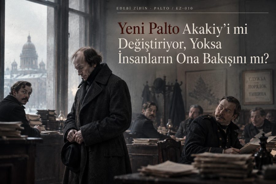 Yeni paltosunu giyen Akakiy Akakiyeviç’e ofisteki memurların bakışlarının yöneldiği toplumsal görünürlük temalı Palto editoryal kapağı.