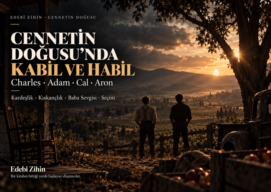 Salinas Vadisi’ne bakan iki erkek figürüyle Cennetin Doğusu’ndaki Kabil-Habil paralelliğini, kardeşlik, kıskançlık ve baba sevgisi ekseninde anlatan editoryal hero görseli