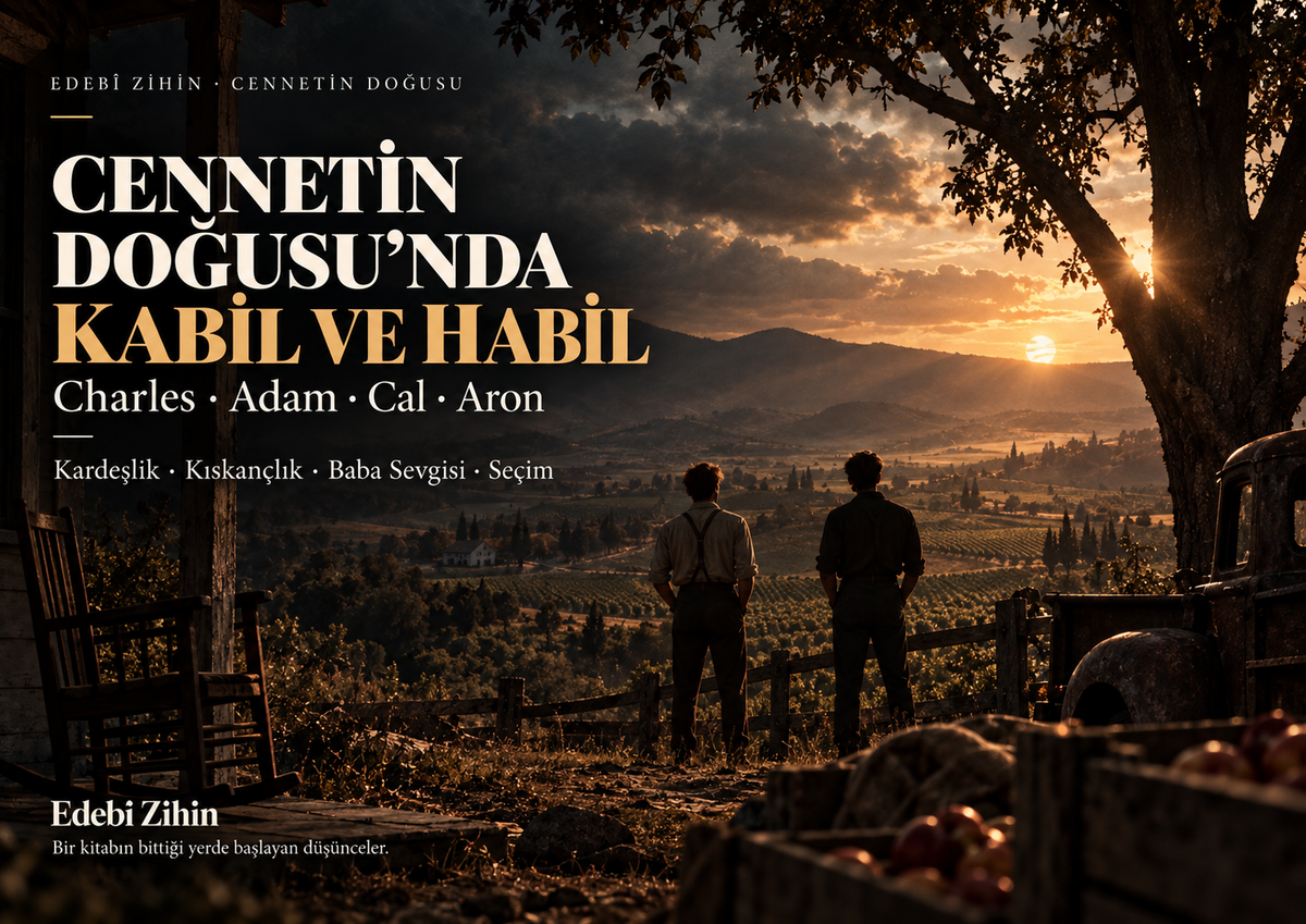 Salinas Vadisi’ne bakan iki erkek figürüyle Cennetin Doğusu’ndaki Kabil-Habil paralelliğini, kardeşlik, kıskançlık ve baba sevgisi ekseninde anlatan editoryal hero görseli