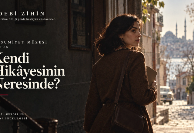 Eski İstanbul atmosferinde açık kapıya yönelen genç kadın ve “Kendi Hikâyesinin Neresinde?” başlıklı Edebî Zihin kapağı.
