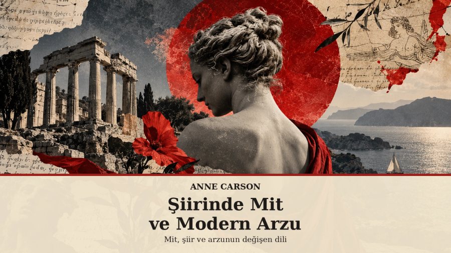 Anne Carson’ın mit ve modern arzu üzerine şiirsel dünyasını simgeleyen antik heykel, kırmızı güneş ve kıyı manzarası kolajı