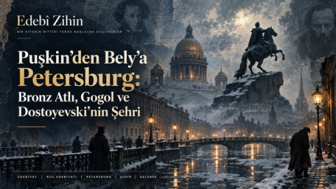Pușkin’den Bely’ye uzanan Petersburg edebiyat geleneğini simgeleyen; Bronz Atlı heykeli, karlı şehir dokusu, kanal ve tarihî mimariyle çevrelenmiş Edebî Zihin illüstrasyonu.