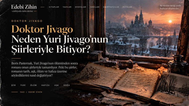 Doktor Jivago’nun şiirlerle bitişini simgeleyen, karlı Rusya manzarasına açılan bir pencere önünde el yazması şiirler, mürekkep hokkası, dolma kalem ve kurutulmuş çiçeklerin yer aldığı Edebî Zihin illüstrasyonu.