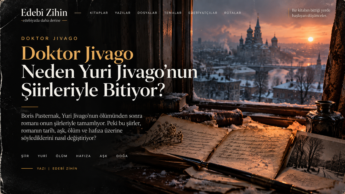 Doktor Jivago’nun şiirlerle bitişini simgeleyen, karlı Rusya manzarasına açılan bir pencere önünde el yazması şiirler, mürekkep hokkası, dolma kalem ve kurutulmuş çiçeklerin yer aldığı Edebî Zihin illüstrasyonu.