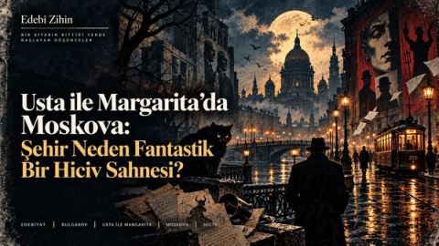 Gece Moskova’sında ay ışığı, tramvay, propaganda afişleri, siyah kedi Behemot ve karanlık bir figür; Usta ile Margarita’da şehrin bürokrasi, korku ve fantastik hicvin sahnesine dönüşmesini simgeleyen Edebî Zihin illüstrasyonu.