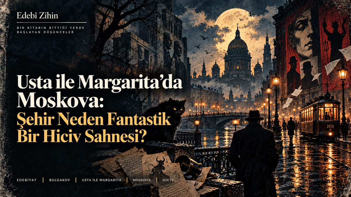 Gece Moskova’sında ay ışığı, tramvay, propaganda afişleri, siyah kedi Behemot ve karanlık bir figür; Usta ile Margarita’da şehrin bürokrasi, korku ve fantastik hicvin sahnesine dönüşmesini simgeleyen Edebî Zihin illüstrasyonu.