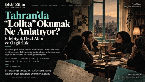 Tahran manzaralı bir evde kitaplar etrafında sohbet eden kadınları gösteren kolaj. Turkuaz ve krem harflerle “Tahran’da ‘Lolita’ Okumak Ne Anlatıyor?” başlığı yer alıyor.