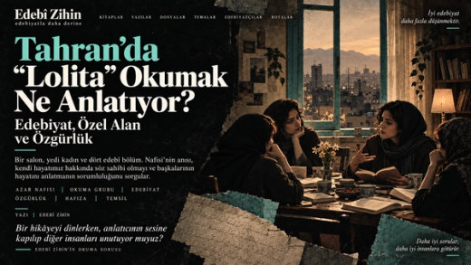 Tahran manzaralı bir evde kitaplar etrafında sohbet eden kadınları gösteren kolaj. Turkuaz ve krem harflerle “Tahran’da ‘Lolita’ Okumak Ne Anlatıyor?” başlığı yer alıyor.