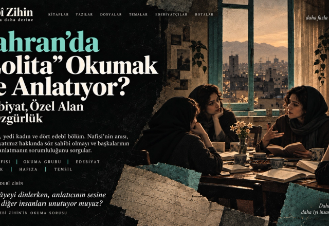 Tahran manzaralı bir evde kitaplar etrafında sohbet eden kadınları gösteren kolaj. Turkuaz ve krem harflerle “Tahran’da ‘Lolita’ Okumak Ne Anlatıyor?” başlığı yer alıyor.