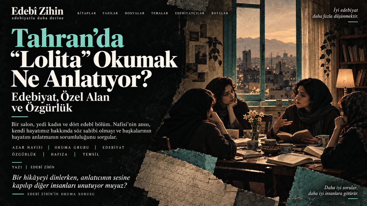 Tahran manzaralı bir evde kitaplar etrafında sohbet eden kadınları gösteren kolaj. Turkuaz ve krem harflerle “Tahran’da ‘Lolita’ Okumak Ne Anlatıyor?” başlığı yer alıyor.