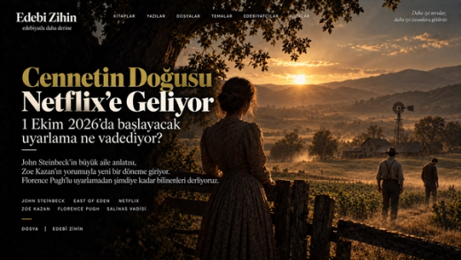Salinas Vadisi’nde gün batımında dönem kıyafetli bir kadın ve uzakta iki erkek figürüyle Cennetin Doğusu’nun Netflix uyarlamasını çağrıştıran editoryal hero görseli