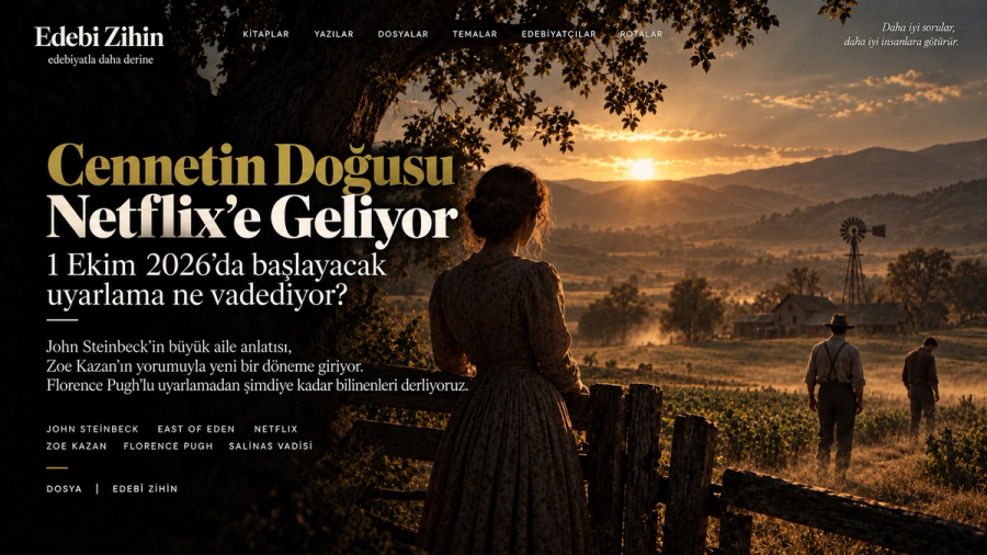 Salinas Vadisi’nde gün batımında dönem kıyafetli bir kadın ve uzakta iki erkek figürüyle Cennetin Doğusu’nun Netflix uyarlamasını çağrıştıran editoryal hero görseli