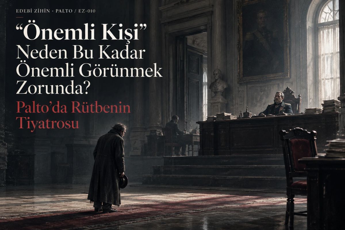 Büyük bir makam odasında küçük görünen Akakiy ile yükseltilmiş masadaki önemli kişi arasındaki rütbe mesafesini gösteren Palto editoryal kapağı.