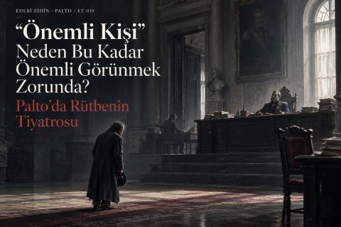 Büyük bir makam odasında küçük görünen Akakiy ile yükseltilmiş masadaki önemli kişi arasındaki rütbe mesafesini gösteren Palto editoryal kapağı.