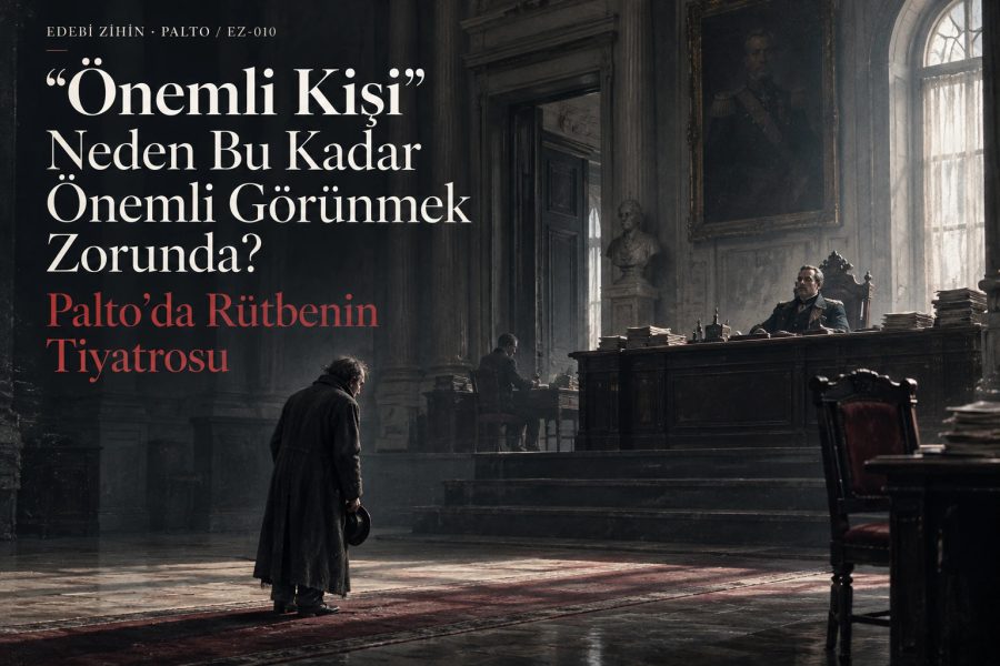Büyük bir makam odasında küçük görünen Akakiy ile yükseltilmiş masadaki önemli kişi arasındaki rütbe mesafesini gösteren Palto editoryal kapağı.