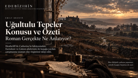 Uğultulu Tepeler konusu ve özeti yazısının Edebî Zihin hero görseli; Yorkshire bozkırında birbirinden ayrı iki taş malikâne, aralarındaki kıvrımlı yol ve kuşaklar boyunca süren aile çatışmasını çağrıştıran karanlık bir manzara.