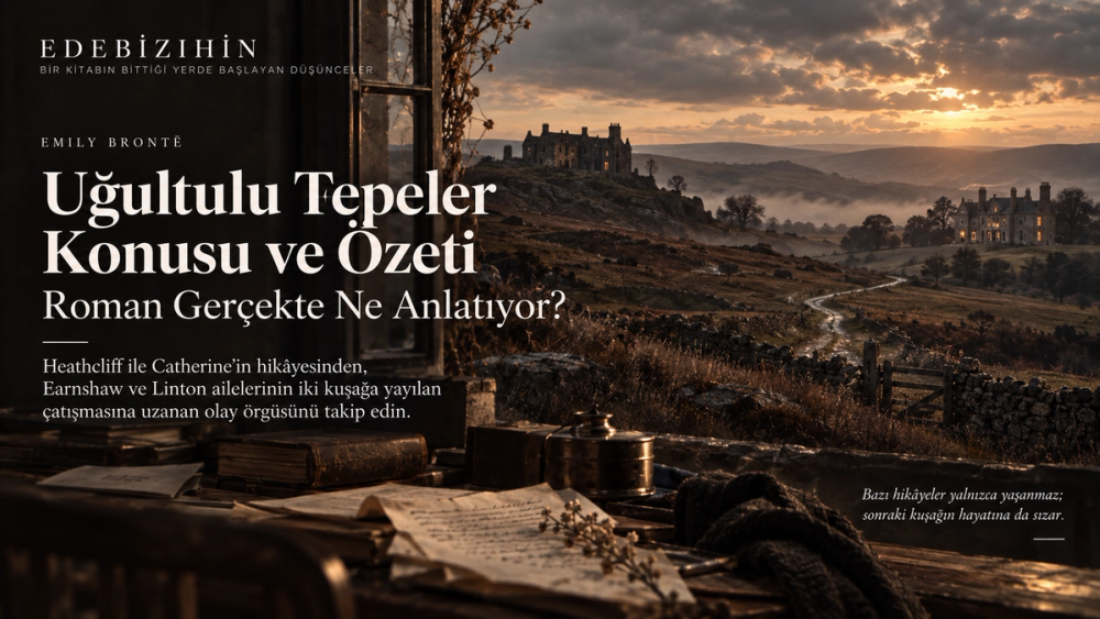Uğultulu Tepeler konusu ve özeti yazısının Edebî Zihin hero görseli; Yorkshire bozkırında birbirinden ayrı iki taş malikâne, aralarındaki kıvrımlı yol ve kuşaklar boyunca süren aile çatışmasını çağrıştıran karanlık bir manzara.