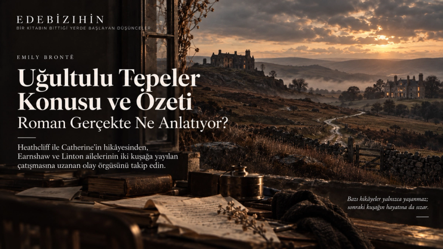 Uğultulu Tepeler konusu ve özeti yazısının Edebî Zihin hero görseli; Yorkshire bozkırında birbirinden ayrı iki taş malikâne, aralarındaki kıvrımlı yol ve kuşaklar boyunca süren aile çatışmasını çağrıştıran karanlık bir manzara.