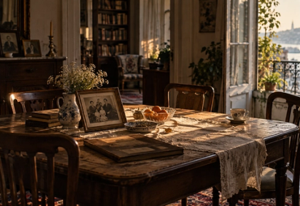 Eski bir aile fotoğrafı ve boş sandalyelerin bulunduğu, kuşaklar arası hafızayı çağrıştıran bir yemek masası