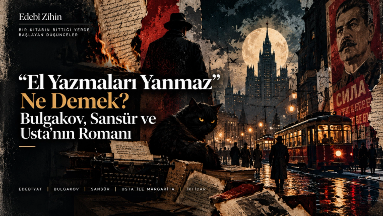 Yanan el yazmaları, daktilo, siyah kedi Behemot ve gece Moskova’sında propaganda afişleriyle çevrili karanlık bir şehir sahnesi; Usta ile Margarita’da sansür, hafıza ve sanatın yok edilemezliği temasını simgeleyen Edebî Zihin illüstrasyonu.