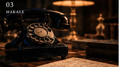1920'lerden siyah çevirmeli telefon ve notlar; Roger Ackroyd final çözümlemesi görseli