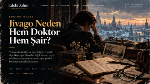 Doktor Jivago’nun doktor ve şair kimliğini simgeleyen, karlı Rusya manzarasına karşı oturan Yuri Jivago, masadaki stetoskop, tıbbi araçlar, el yazması şiirler ve kitapların yer aldığı Edebî Zihin illüstrasyonu.