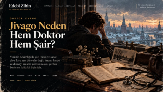 Doktor Jivago’nun doktor ve şair kimliğini simgeleyen, karlı Rusya manzarasına karşı oturan Yuri Jivago, masadaki stetoskop, tıbbi araçlar, el yazması şiirler ve kitapların yer aldığı Edebî Zihin illüstrasyonu.