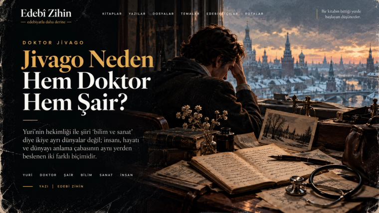 Doktor Jivago’nun doktor ve şair kimliğini simgeleyen, karlı Rusya manzarasına karşı oturan Yuri Jivago, masadaki stetoskop, tıbbi araçlar, el yazması şiirler ve kitapların yer aldığı Edebî Zihin illüstrasyonu.