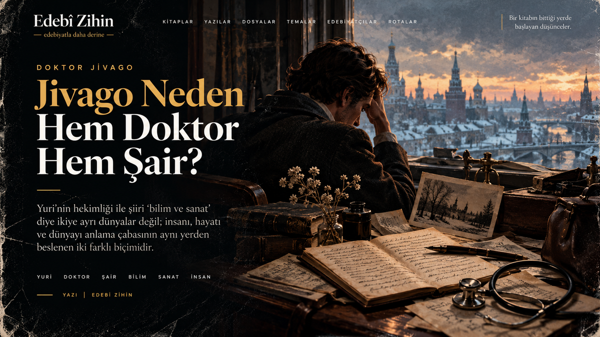 Doktor Jivago’nun doktor ve şair kimliğini simgeleyen, karlı Rusya manzarasına karşı oturan Yuri Jivago, masadaki stetoskop, tıbbi araçlar, el yazması şiirler ve kitapların yer aldığı Edebî Zihin illüstrasyonu.