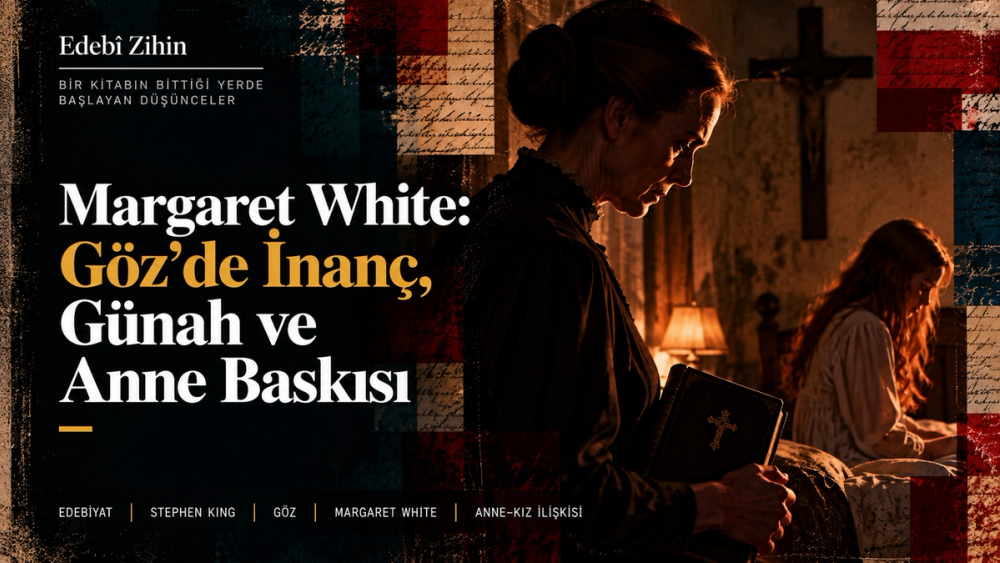 Margaret White’ın elinde dini bir kitapla ön planda durduğu, Carrie’nin ise arka planda yalnız ve baskı altında tasvir edildiği karanlık Edebî Zihin illüstrasyonu.