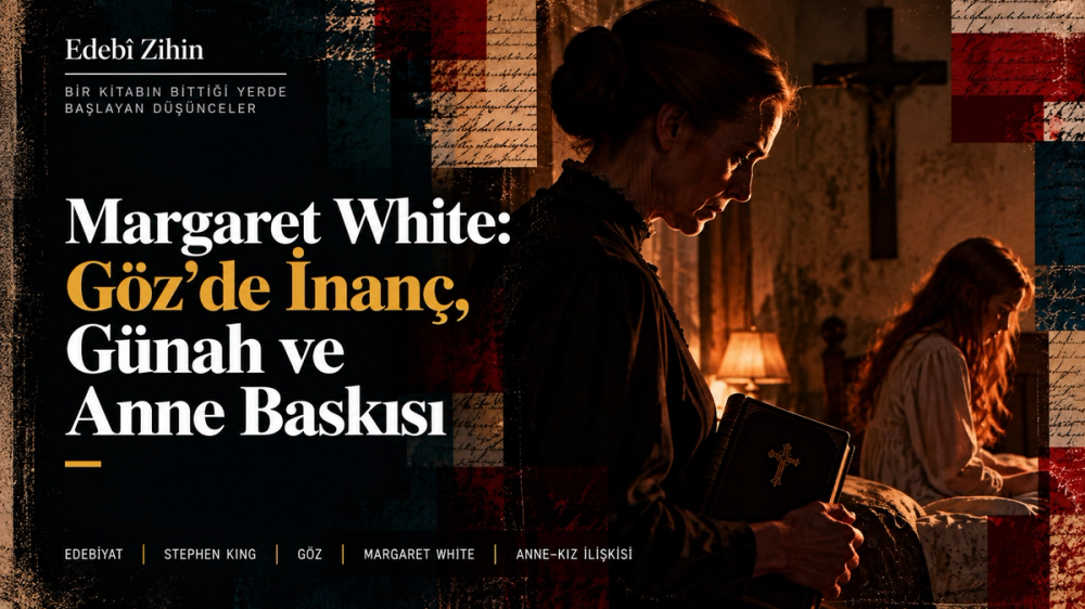 Margaret White’ın elinde dini bir kitapla ön planda durduğu, Carrie’nin ise arka planda yalnız ve baskı altında tasvir edildiği karanlık Edebî Zihin illüstrasyonu.