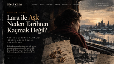 Lara’nın tren penceresinden karlı Rusya manzarasına baktığı, mektuplar ve tren imgeleriyle aşk ile tarihin çatışmasını anlatan Doktor Jivago illüstrasyonu.